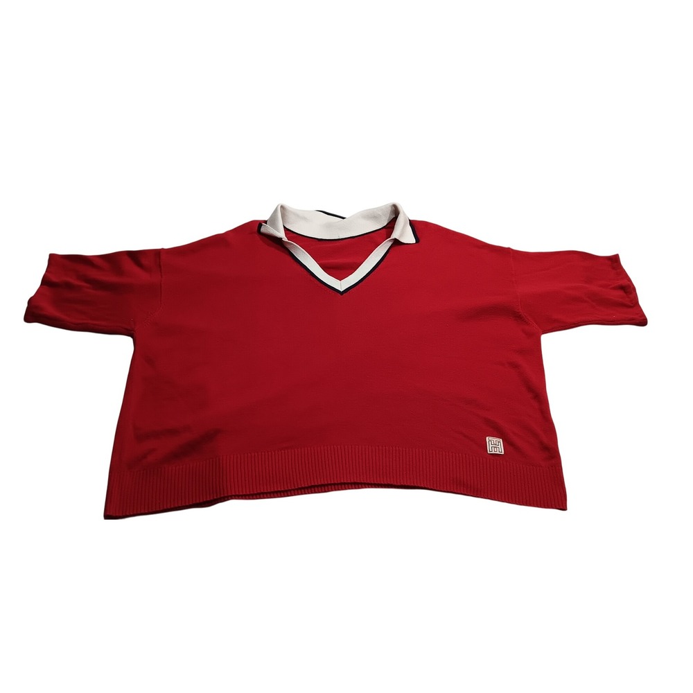 Vintage TommyHill Figure Red Short Sleeve Pullover Sweater Top with White Collar
